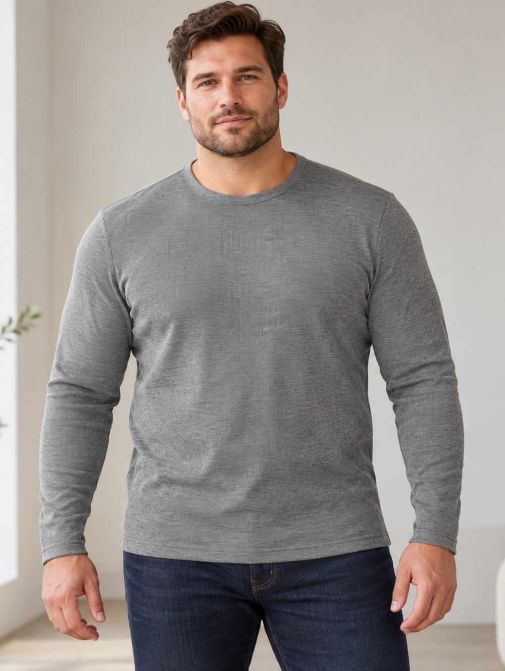 BOSS Hugo Boss Tempest Gray Waffle Knit Long Sleeve Shirt XL Slim Fit